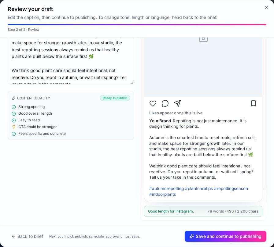 Wemify Review your draft step with the editable caption, a Content Quality checklist and an Instagram preview with word and character count