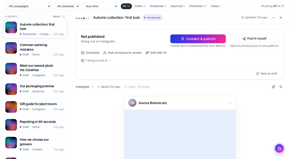 Wemify Posts library listing drafts, scheduled and published posts with filters for campaign, channel, time and status