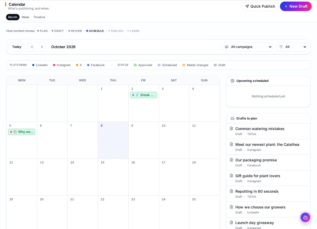 Wemify content calendar in month view with planned posts, a status legend and a list of drafts still to plan
