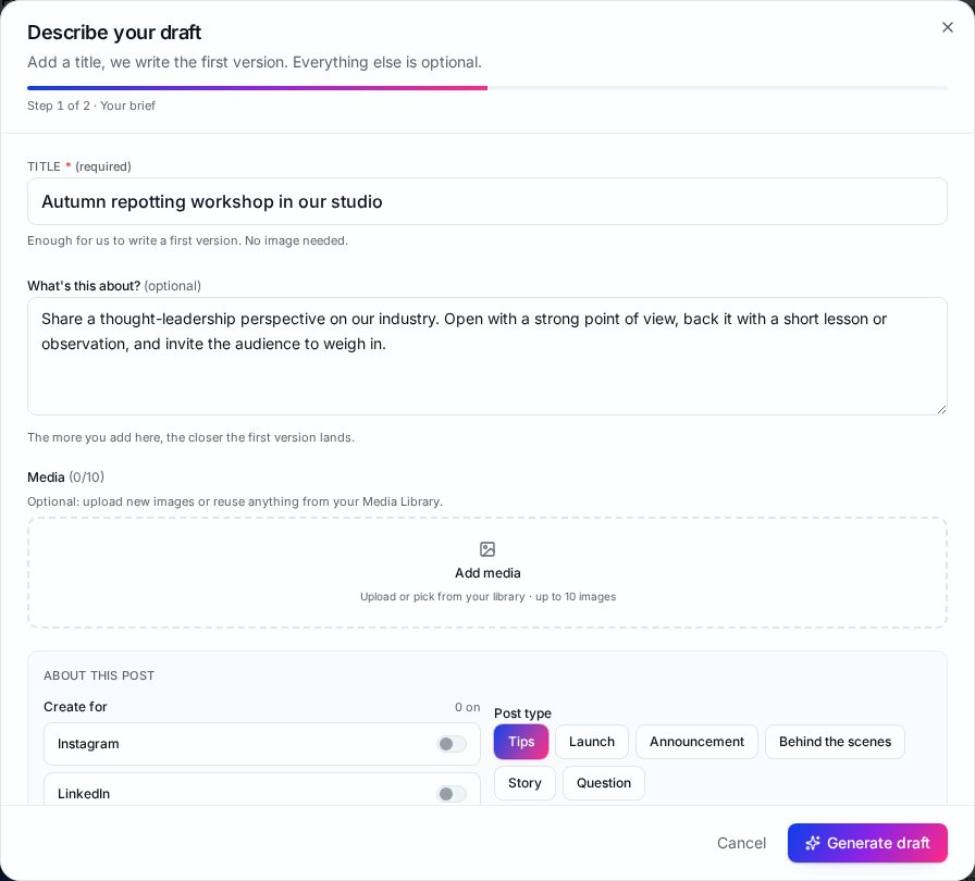 Wemify Describe your draft form with a required title field, an optional description, and an Add media area