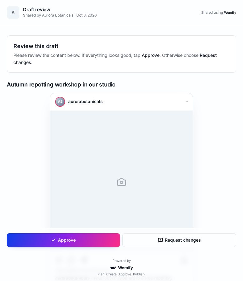 The external Wemify draft review page with a post preview and Approve and Request changes buttons