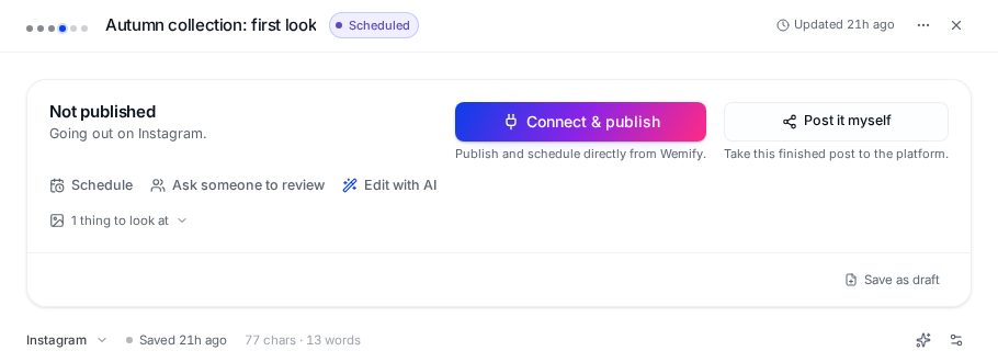 Wemify draft view with options to schedule, ask someone to review, edit with AI, publish directly or post it yourself