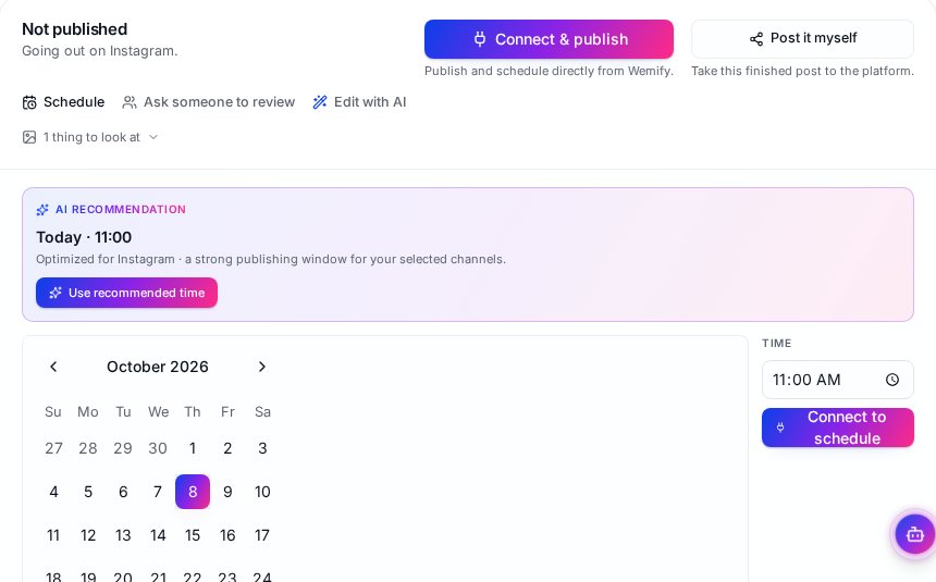 Wemify scheduling panel with an AI recommended time, a month date picker and a time field