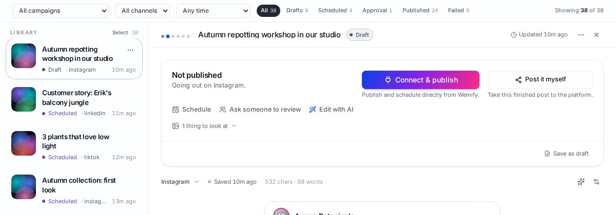 Wemify Posts filters and status tabs: All, Drafts, Scheduled, Approval, Published and Failed