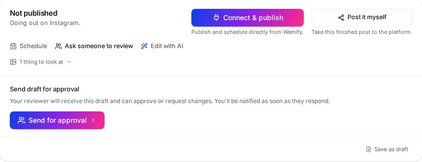 Wemify draft with the Send draft for approval panel open and a Send for approval button