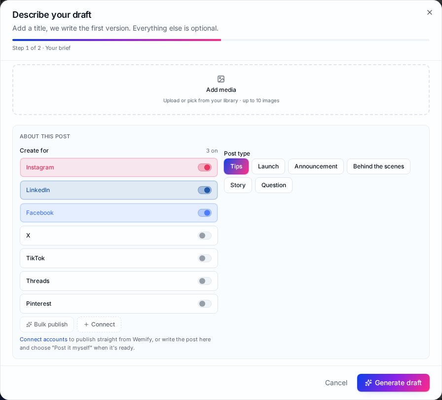 Create for list in Wemify with Instagram, LinkedIn and Facebook switched on and X, TikTok, Threads and Pinterest off, next to post type options