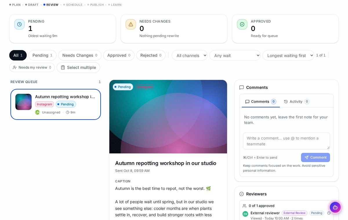 Wemify Approvals page with Pending, Needs changes and Approved counts, a review queue, the post preview, comments and reviewers