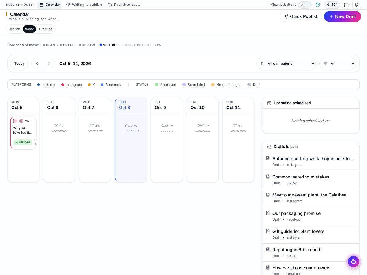 Wemify calendar in week view with platform and status legends, an Upcoming scheduled panel and a Drafts to plan list