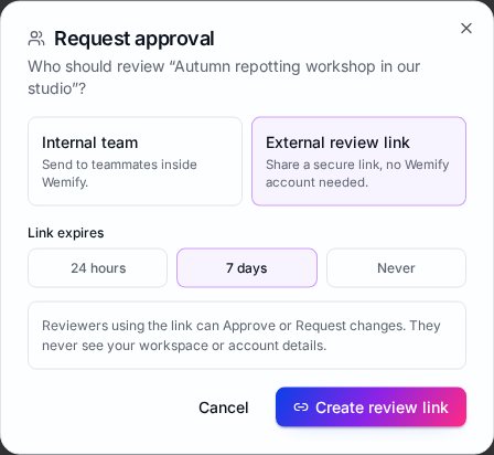 Wemify Request approval window with Internal team and External review link options and link expiry of 24 hours, 7 days or Never