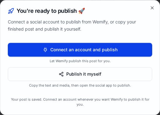 Wemify You're ready to publish window with Connect an account and publish and Publish it myself